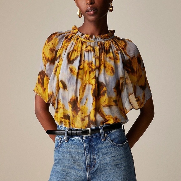 J. Crew NWT Crinkle chiffon smocked top in saffron floral XS - Picture 1 of 10